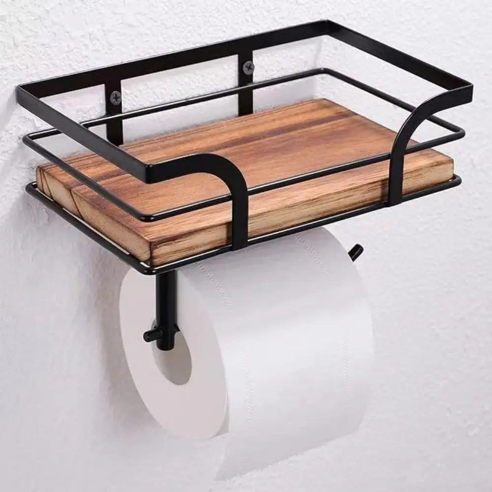 Rustic Wood & Iron Wall-Mounted Toilet Paper Holder with Shelf
