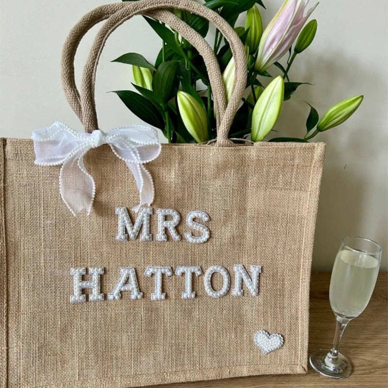 Personalized Name Jute Tote Bag Bride Wedding Engagement Bridal Shower Decoration Bachelorette Party Supplies Future Mrs Present Peaceful Pleasures Health and Wellness