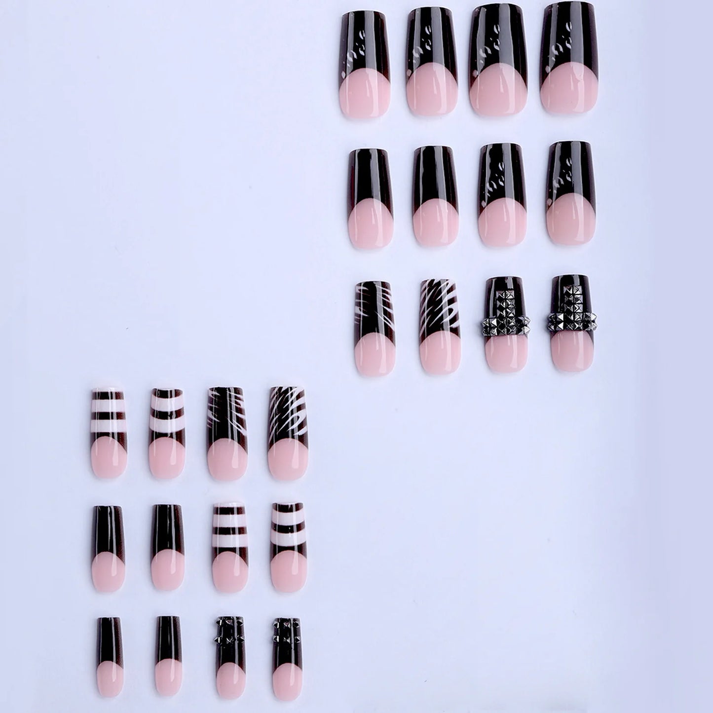 24pcs Dark Style French Square Fake Nails Press On Nails Metal Decor Wearable Black Gothic Punk Halloween False Nail Tip Durable Peaceful Pleasures Health and Wellness