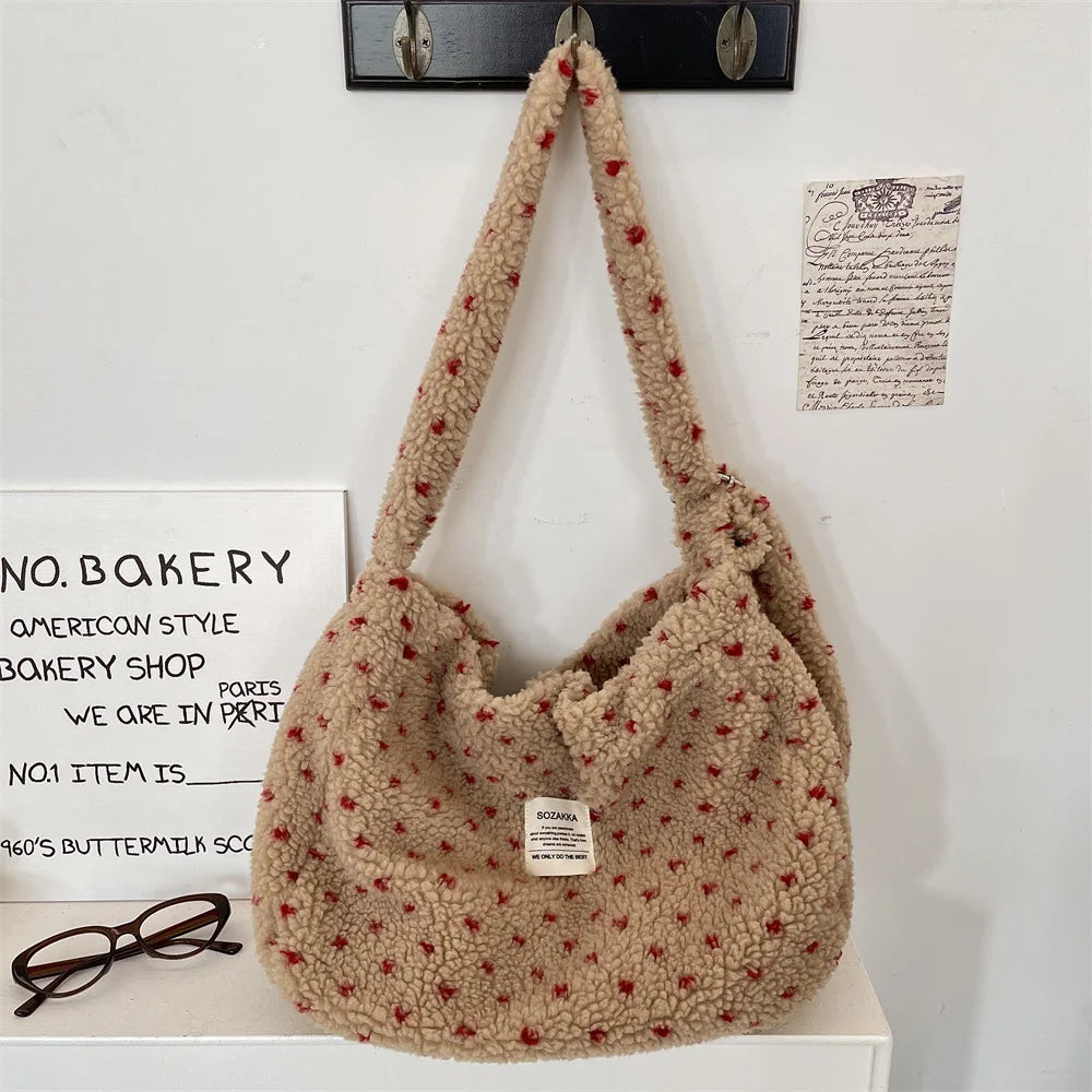 Autumn Winter Plush Heart Crossbody Bag Large Capacity Canvas Shoulder Bag Shopping Tote for Daily Use Versatile Commuting Bag Peaceful Pleasures Health and Wellness MH
