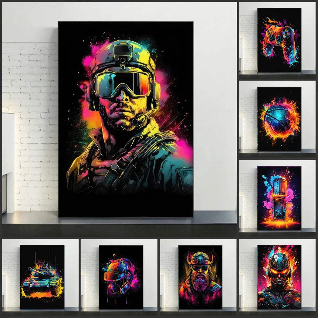 Neon Gaming Canvas Wall Art | Gamepad & Character Poster