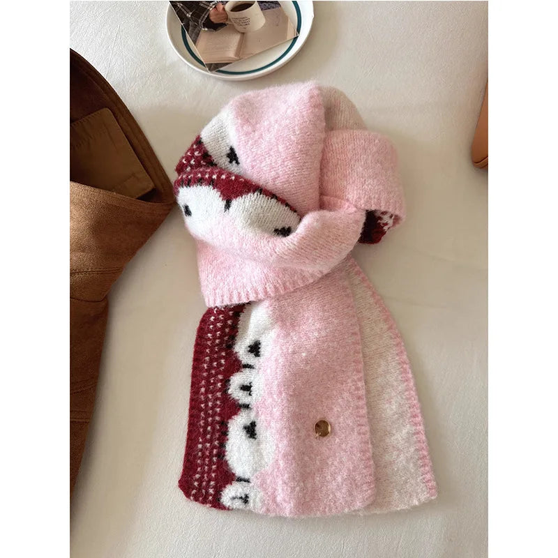 Winter Warm Scarf Women New Korean Cute Sheep Design Fashion Knitted Scarf Couple Thick Coldproof Windproof Scarf Daily Outfit Peaceful Pleasures Health and Wellness Pink