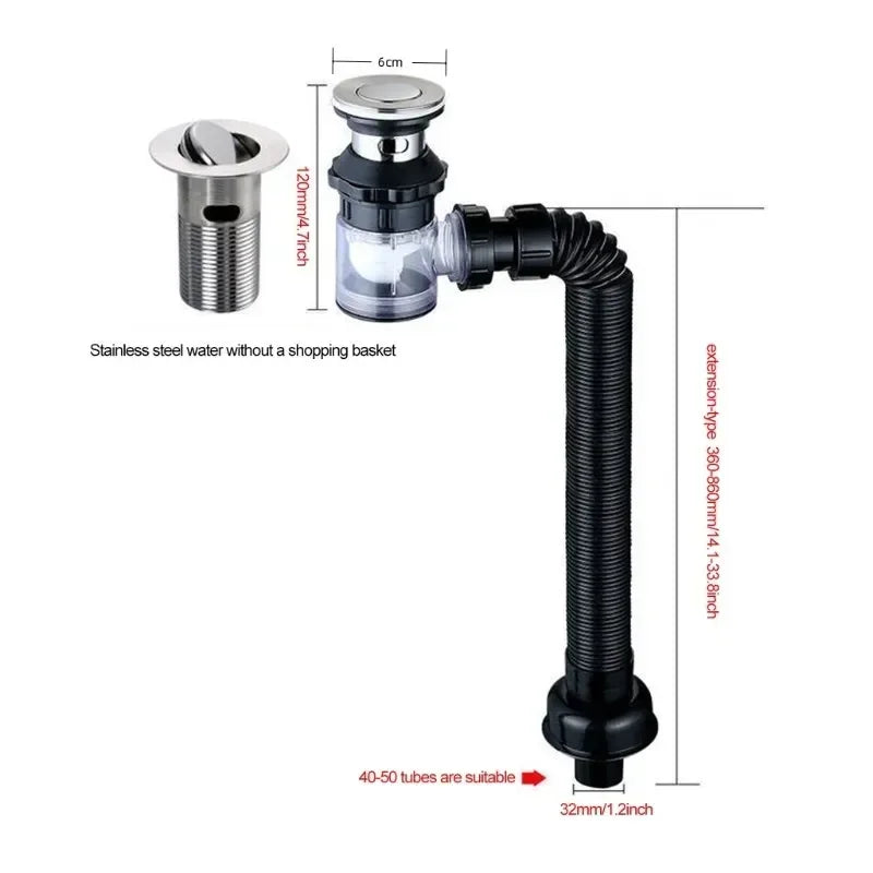 Flip-Top Kitchen Sink Drain with Retractable Deodorizing Filter Flexible Downspout Anti-Clogging Bathroom Sink Accessory Peaceful Pleasures Health and Wellness