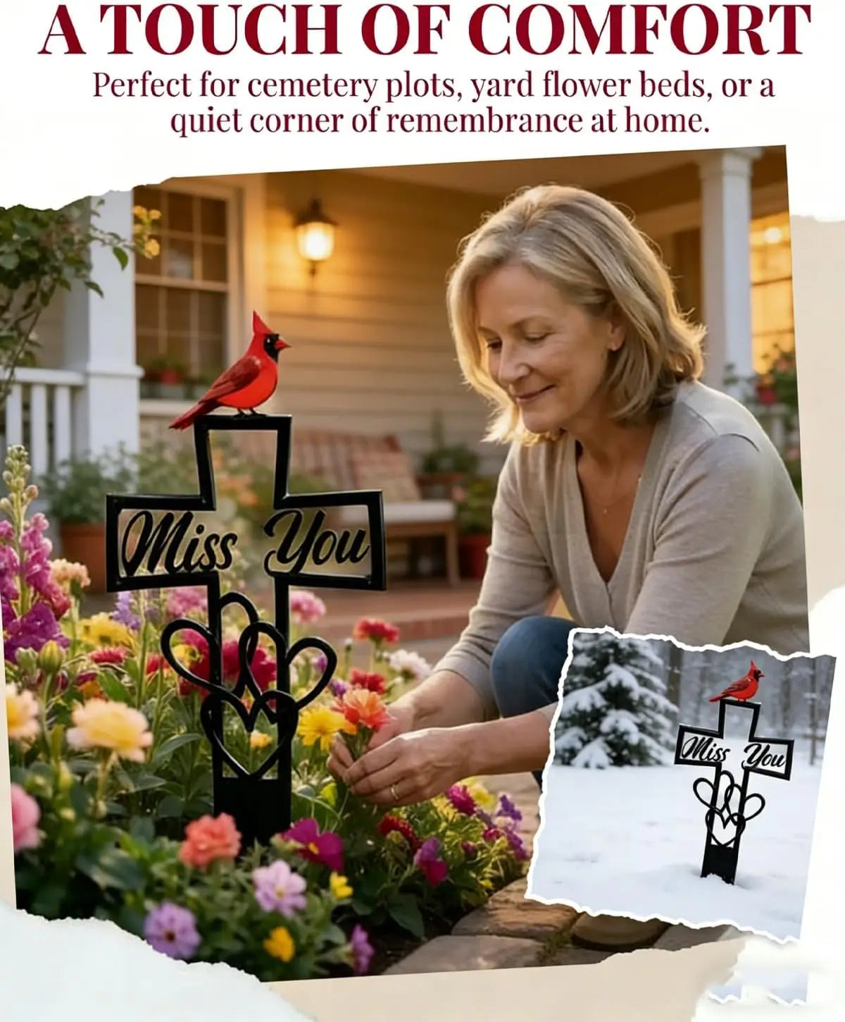 Metal Memorial Garden Stake | Cross Heart Grave Marker 16x8 In