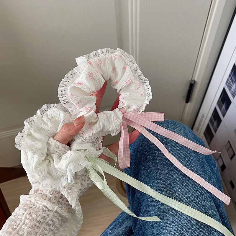 Sweet Lace Bows Scrunchie Long Ribbon Hair Rope Cute Donut Hair Band Fashion Female Hair Accessories Elegant Headdress Fashion Peaceful Pleasures Health and Wellness