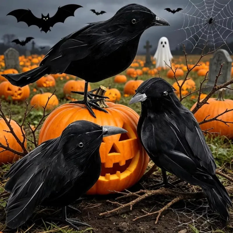 Realistic Black Crow Halloween Decoration – Flocked Feather Prop
