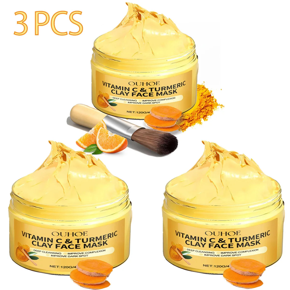 1/3PCS Turmeric VitaminC Clay Mask Deep Cleansing Facial Improves Dark Spots Hydrating Skin Care Tightens Skin Evens Skin Tone Peaceful Pleasures Health and Wellness 3PCS