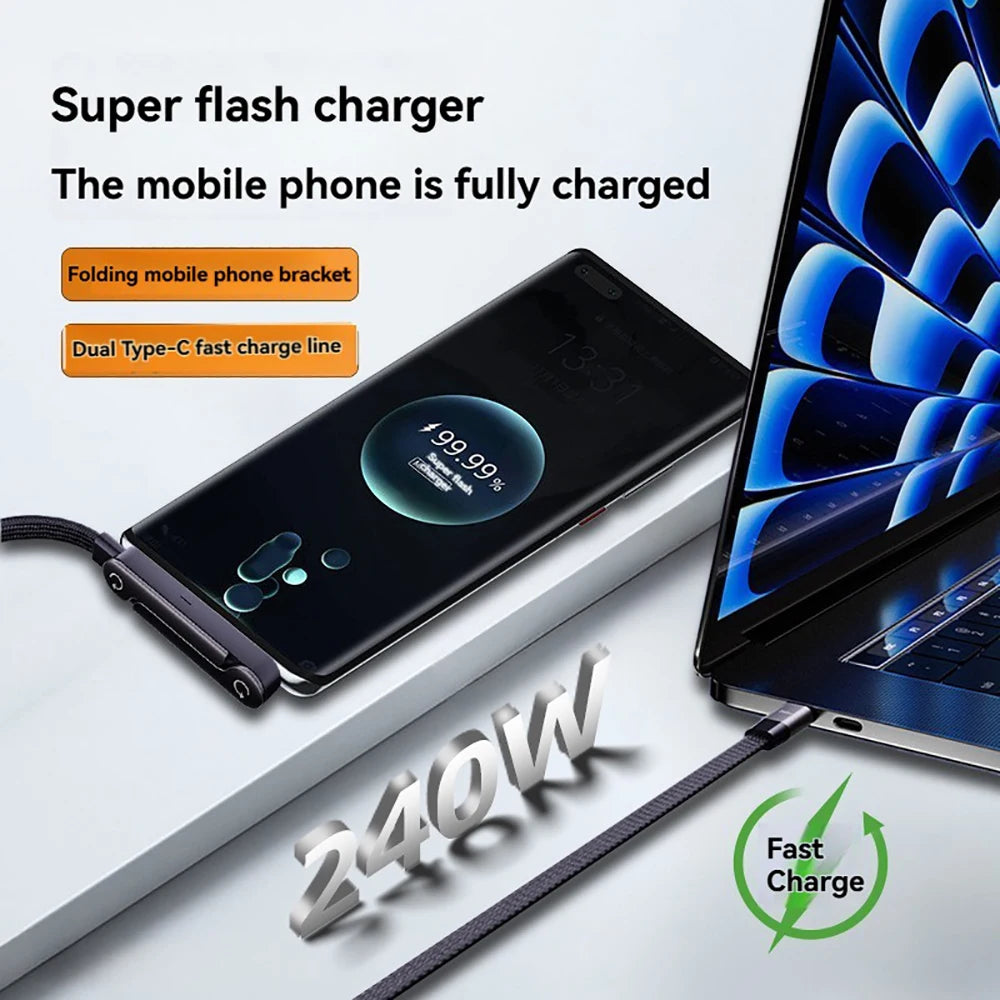 240W USB-C Fast Charging Cable with Foldable Phone Stand