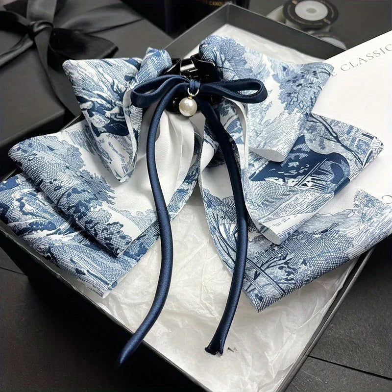 New Handmade Blue Willow Hair Claw Clip Layered Bow Chinese Ink Print Shark Clip with Silk Ribbon Vintage Hair Accessories Women Peaceful Pleasures Health and Wellness