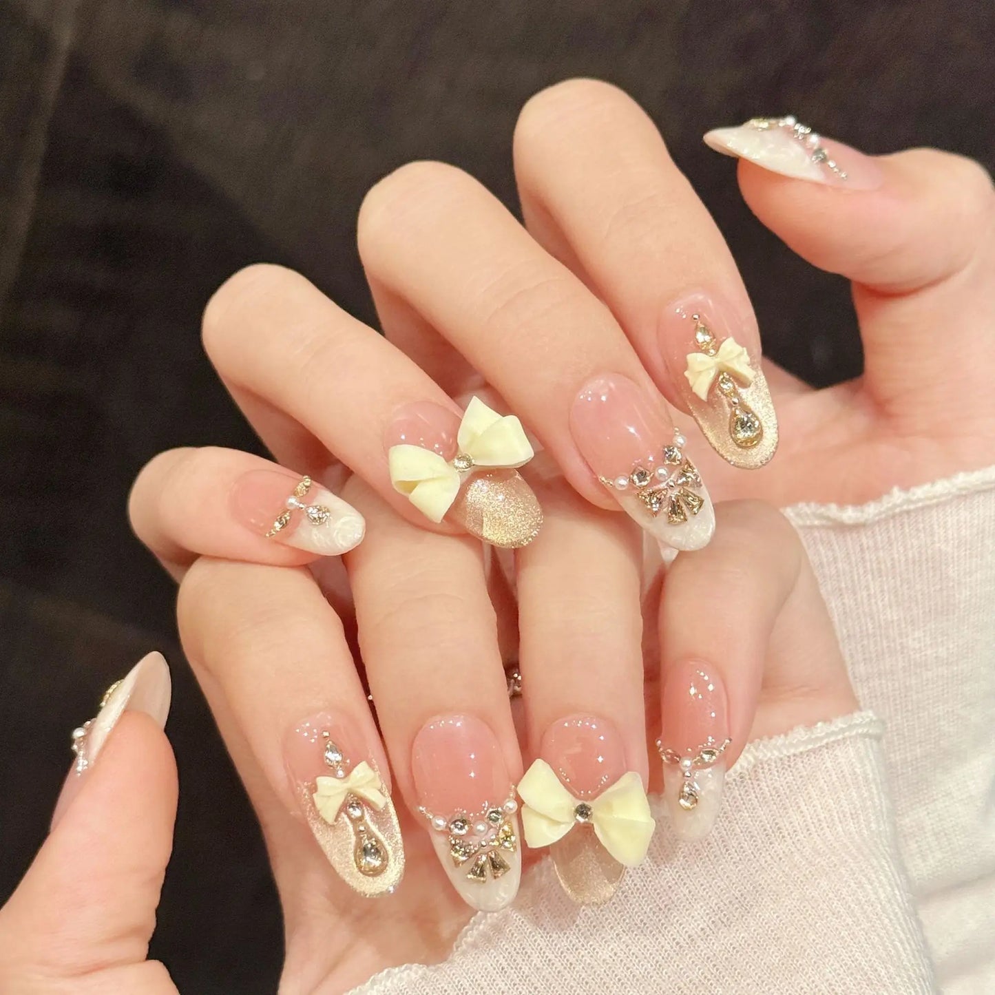 10pcs Handmade Cat's Eye Nail Art Press on Nails 3D Bow Light Luxury False Nails Wearable Pink Gentle French Fake Nails Decor Peaceful Pleasures Health and Wellness L 1