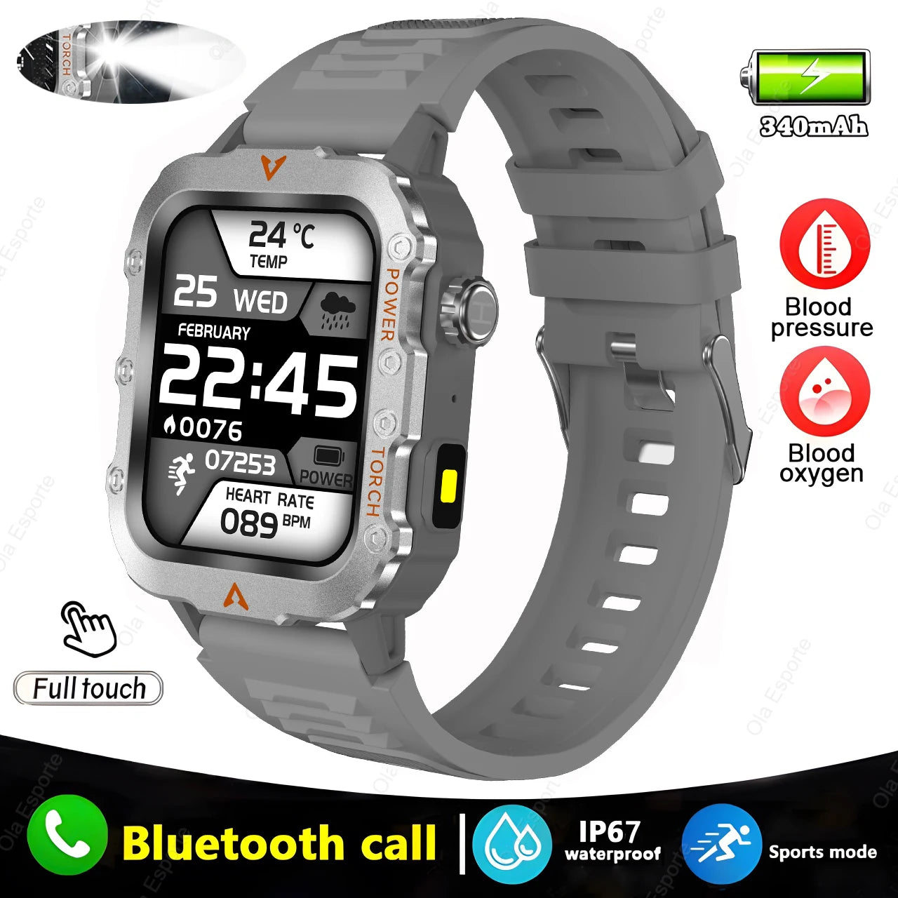 Military Sports Smartwatch | Bluetooth Call, Flashlight, IP69K