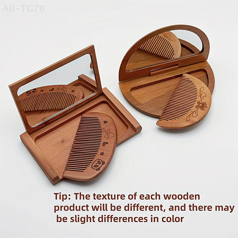 2-in-1 Peachwood Folding Mirror & Comb Set | Portable Compact