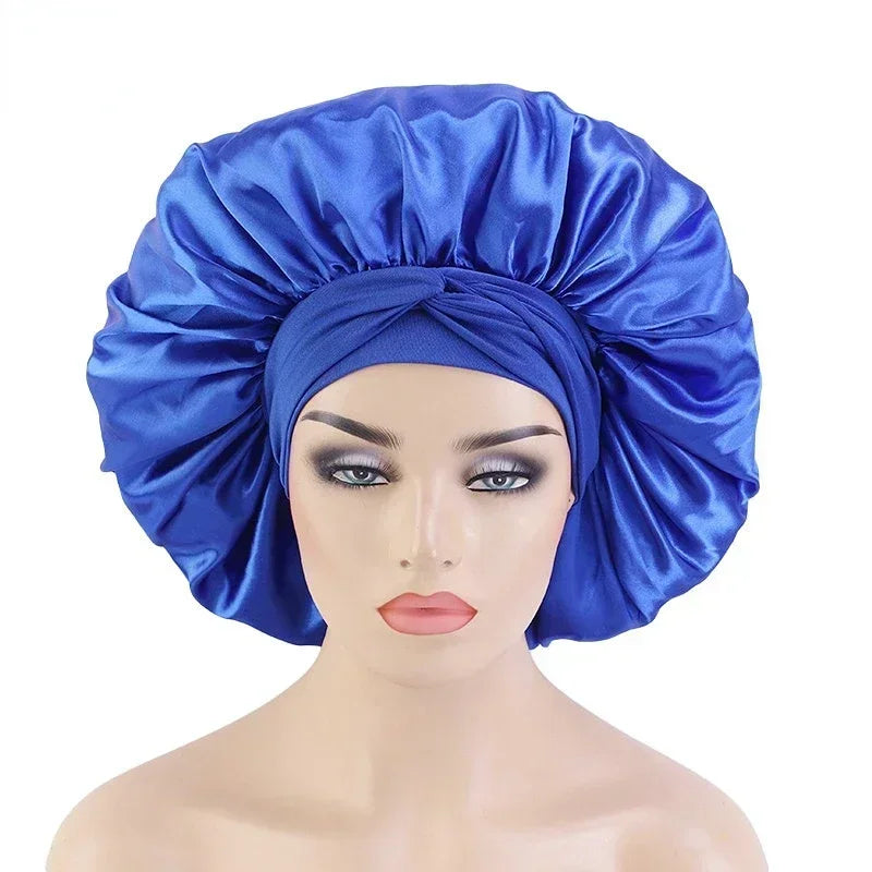 Silk Night Sleeping Cap, Large Satin Bonnet, Bonnet Edge Wrap For Women Curly Braid Hair With Head Tie Band Peaceful Pleasures Health and Wellness Blue