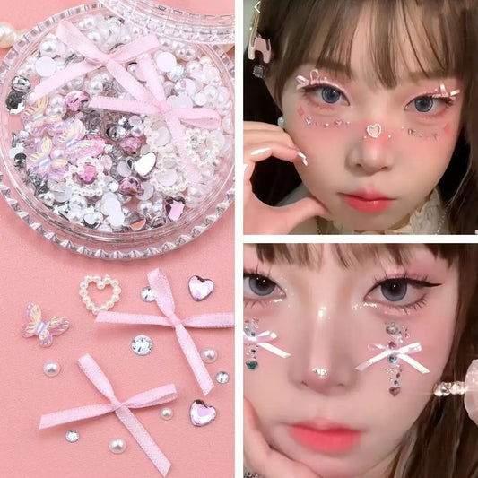 3D Pink Silk Bows Glitter Face Gem Stickers Music Festival DIY Eyes Makeups Face Jewels Stickers Diamond Stickers Peaceful Pleasures Health and Wellness monochrome