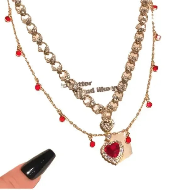 Red Heart-shaped Pearl Double-layered Necklace Creative Princess's Necklace Light Luxury and High-end New Year Collarbone Chain Peaceful Pleasures Health and Wellness