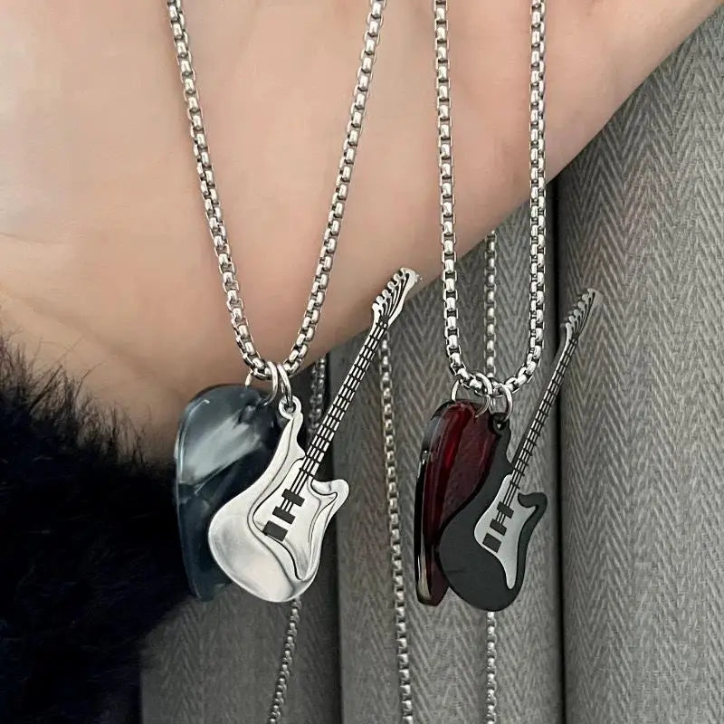 Hip-Hop Guitar Pick Pendant Necklace | Punk Steel Chain