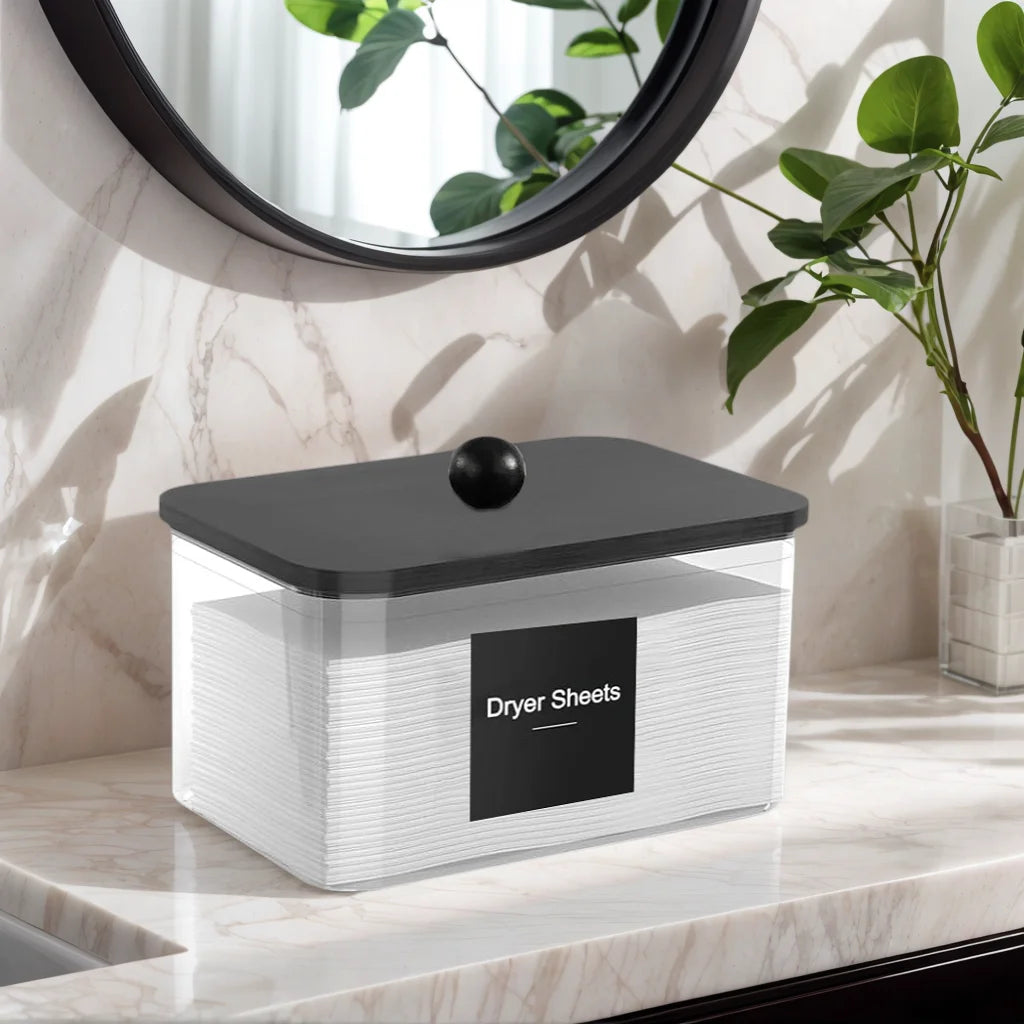 Clear Acrylic Dryer Sheet Holder with Lid & Labels – Fabric Softener Dispenser for Laundry Room Organization