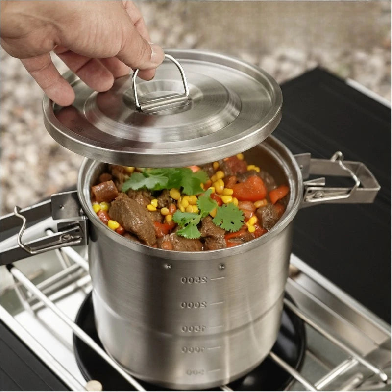New Stainless Steel Micro-Pressure Camping Pot Home Outdoor Foldable Portable Cooking Pot with Lid, Compatible with Most Stoves Peaceful Pleasures Health and Wellness