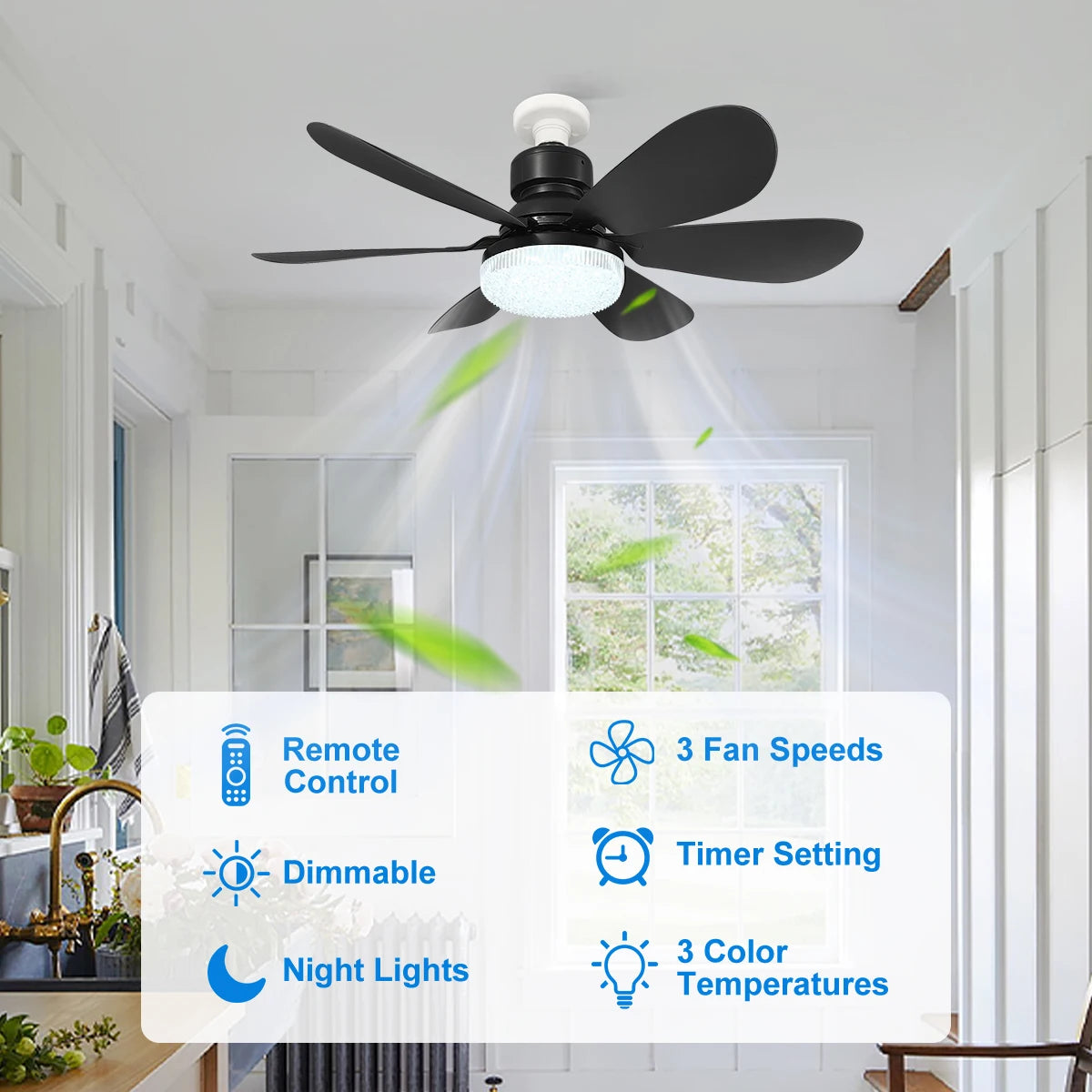 E27 Socket Ceiling Fan with LED Light & Remote Control