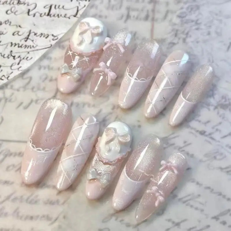 Gentle Sweet Lovely Handmade Long Coffin Ellipse French Full Cover Nail Flower Bowknot Star Cat Eyes Diamond Pearl Press On Nail Peaceful Pleasures Health and Wellness