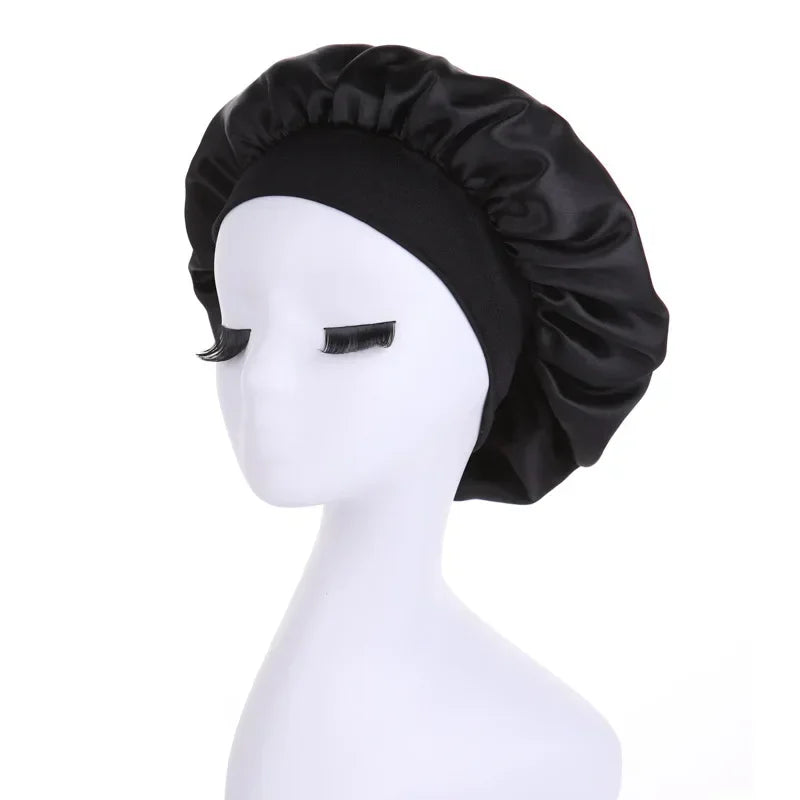 Women's Satin Solid Wide-brimmed Sleeping Hat Night Sleep Cap Hair Care Bonnet Nightcap for Women Men Unisex Cap Bonnet De Nuit Peaceful Pleasures Health and Wellness black