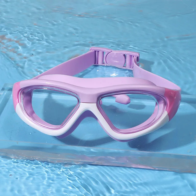 High-definition Children's Waterproof and Anti Fog Swimming Large Frame Glasses Convenient Goggles Silicone Connected Earplugs Peaceful Pleasures Health and Wellness purple Boxed