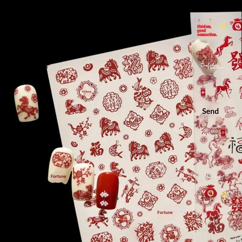 Chinese Style Paper Cuttings Horse Rich Flower Lion Dance Koi Carp Pony New Year Nail Art Stickers DIY Nail Art Decoration Decal Peaceful Pleasures Health and Wellness