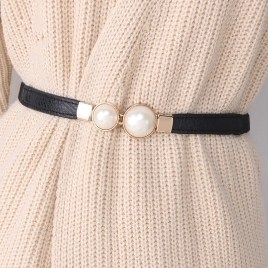 Elegant Double Pearls Buckle Elastic Women Belts Thin Straps Lady Peaceful Pleasures Health and Wellness