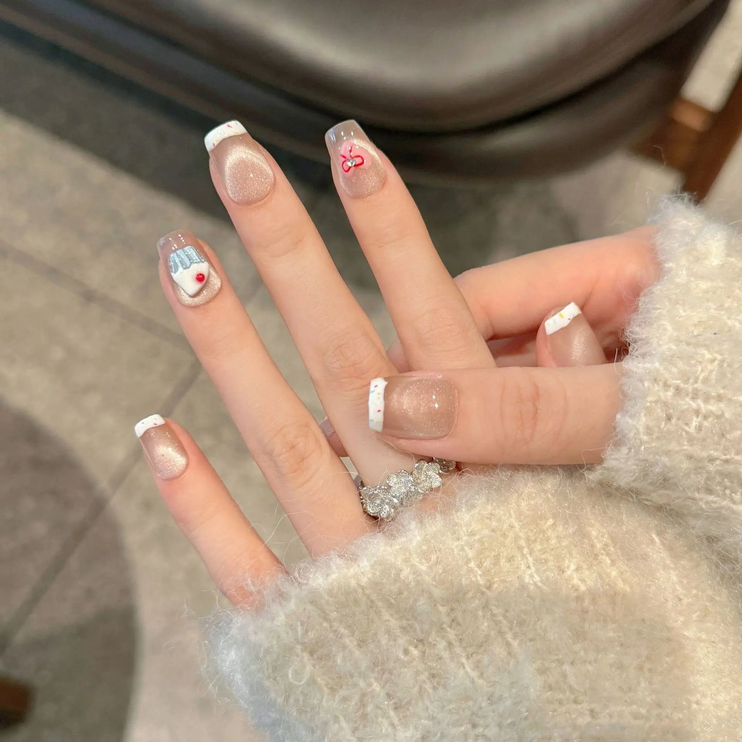 Handmade Press-On Nails | Short French Cow & Flower Print