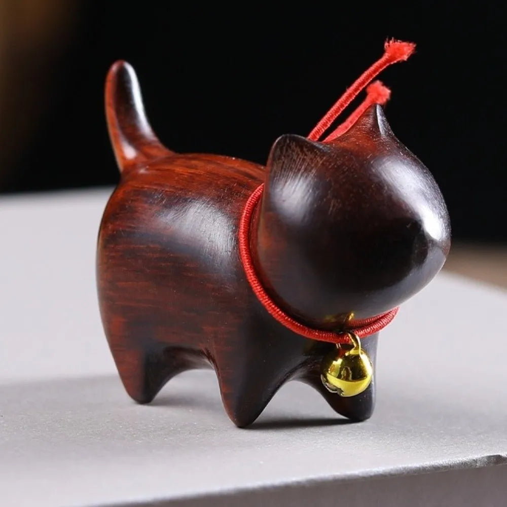 Handmade Wooden Cat Figurine with Bell | Natural Wood Decor