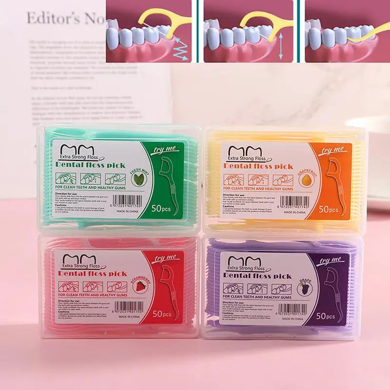 50 Sticks/Box Fruit Flavored Dental Floss Stick, With 4 Flavors To Choose From, Cleaning Tool For Gaps Between Teeth Peaceful Pleasures Health and Wellness