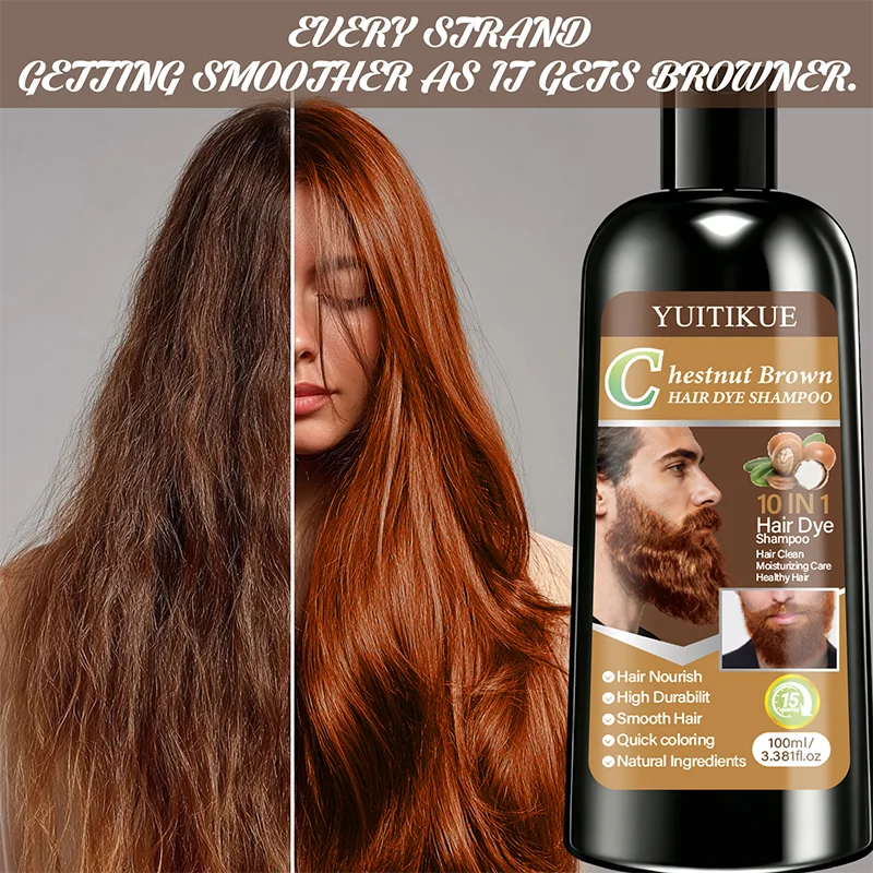 YUITIKUE Chestnut Brown Hair Dye Shampoo 100ml 10-in-1 Natural Ingredients Quick Coloring Nourishing Hair Care Peaceful Pleasures Health and Wellness