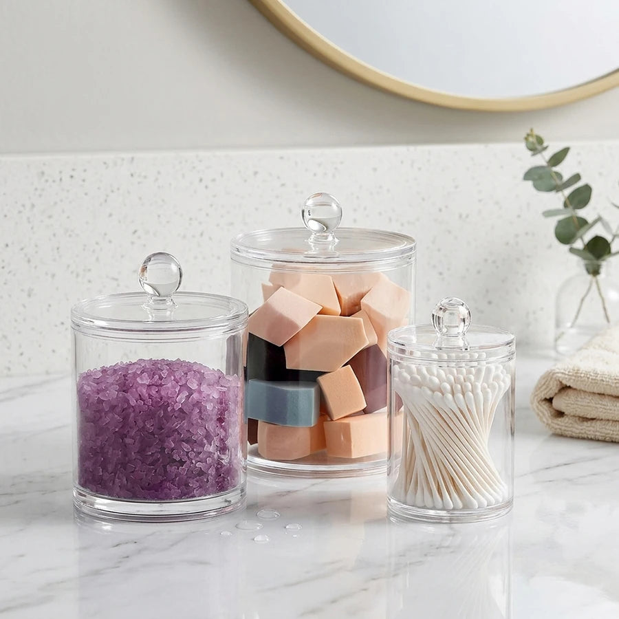 3 Pcs Acrylic Apothecary Jars with lid Clear Qtip Holder Dispenser Storage Box Bathroom Organizer Canisters for Cotton Swab Peaceful Pleasures Health and Wellness