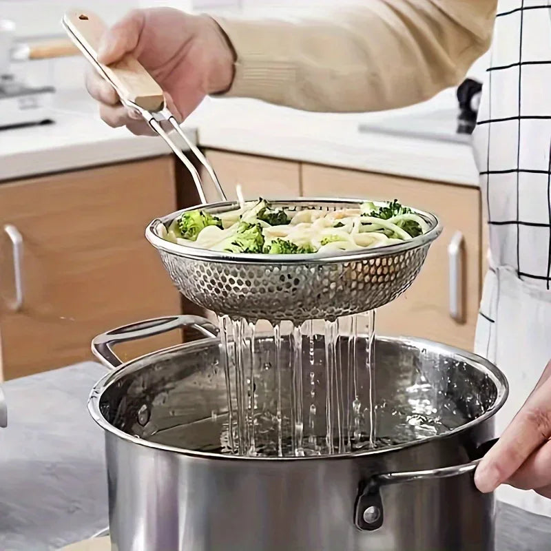 New Stainless Steel Colander with Wooden Handle Fine Mesh Skimmer Spoon for Cooking Food Prep Grease Filtering for Pasta Noodles Peaceful Pleasures Health and Wellness
