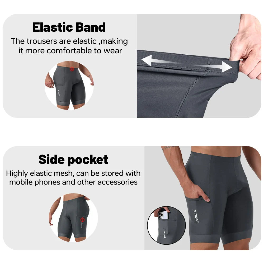 X-TIGER Men's Cycling Shorts – 5D Gel Pad & Zippered Pockets