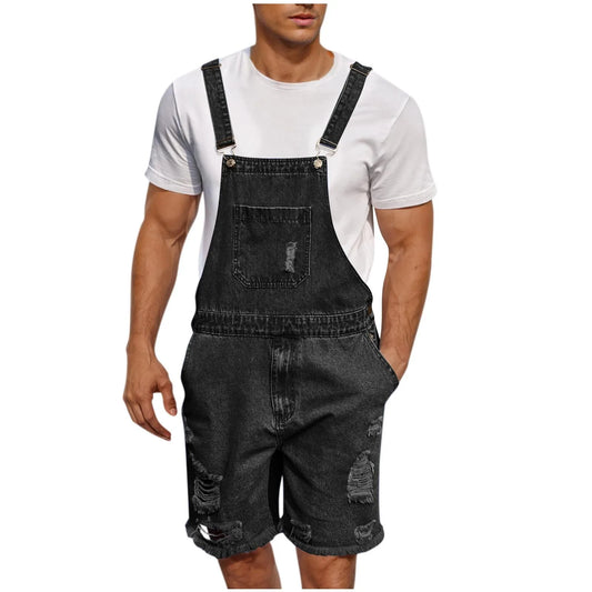 Summer Men's Vintage Jeans Overalls Elastic Denim Jumpsuit With Pockets Men Casual Button Suspenders Short Pants Peaceful Pleasures Health and Wellness