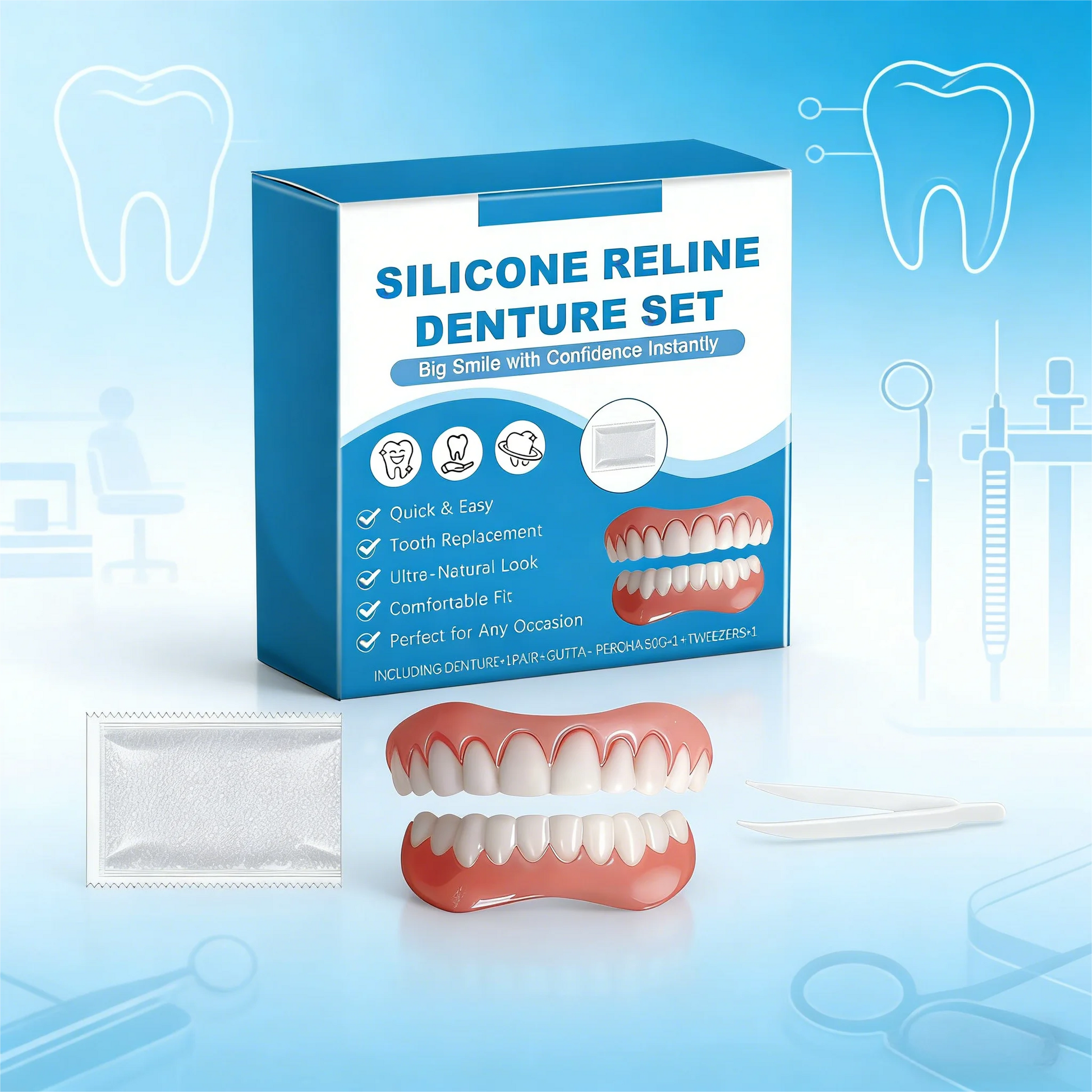 Silicone Reline Denture Set Soft Denture Reline Kit Upper and Lower Set Easy Use Natural False Teeth Soft Comfortable Oral Care Peaceful Pleasures Health and Wellness