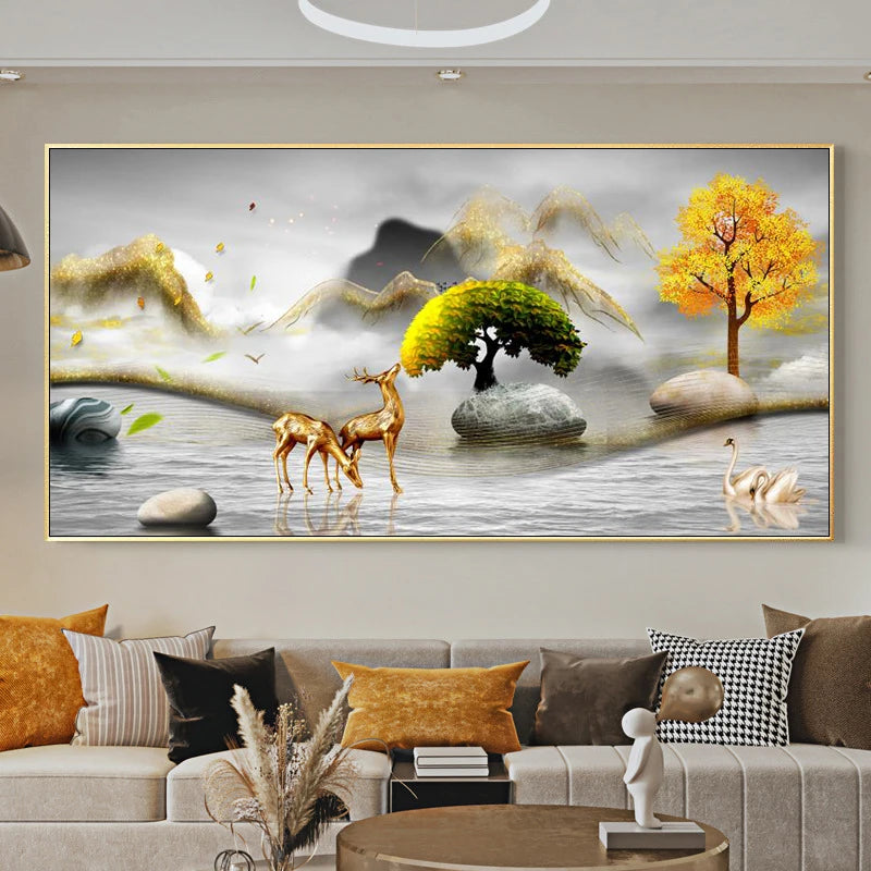 Chinese Feng Shui Golden Rich Tree Canvas Painting Wall Art Deer Landscape Lucky Stone Posters Wall Art for Living Room Decor Peaceful Pleasures Health and Wellness