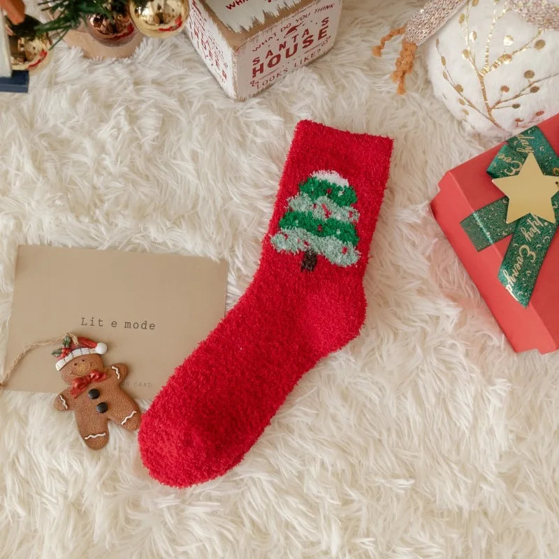 1 Pair of Coral Fleece Christmas Socks, Cute Elk Snowman Gift Socks, And Plush Mid Tube Men's And Women's Floor Sleeping Socks Peaceful Pleasures Health and Wellness Red blue One Size