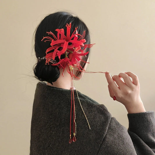 New Fashionable Red Cross Shore Flower Hair Clips Tassel Design Antique Elegant Atmospheric Personalized Women's Hair Accessory Peaceful Pleasures Health and Wellness