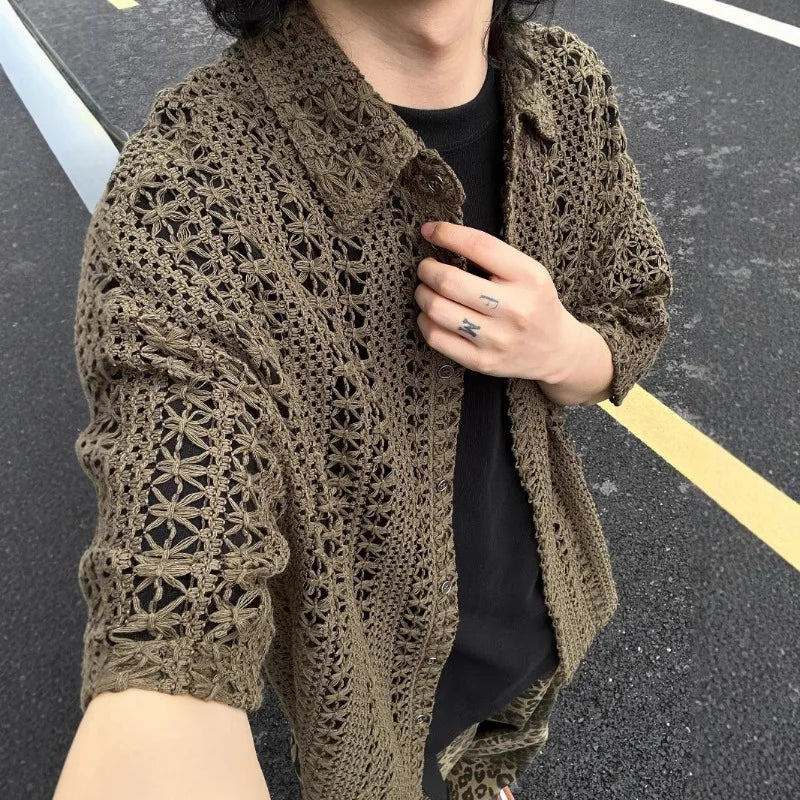 Men's Green Openwork Knit Shirt | Retro Short-Sleeve Summer Top