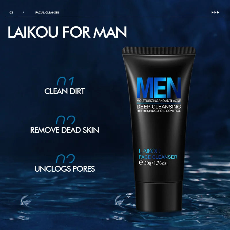 LAIKOU Men Face Cleanser 50g Deep Cleansing Oil Control Anti Acne Refreshing Moisturizing Facial Wash For Men Skin Care Peaceful Pleasures Health and Wellness