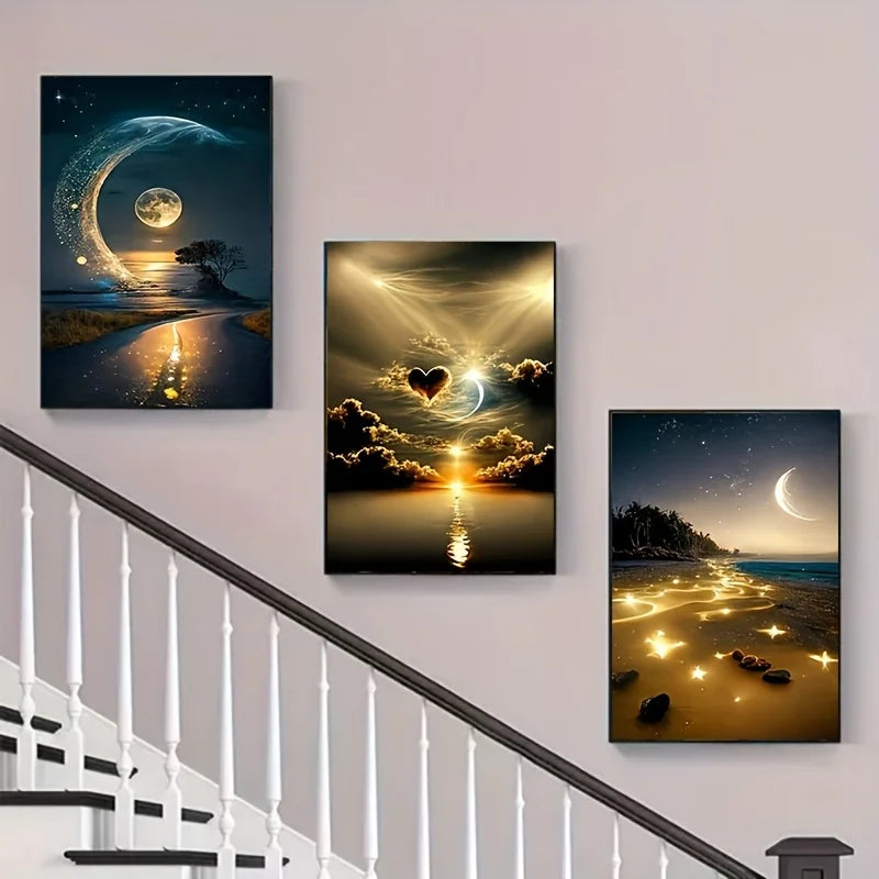 3-Piece Beach Night Canvas Wall Art Set | Frameless Triptych Canvas Wall Art Set Peaceful Pleasures Health and Wellness