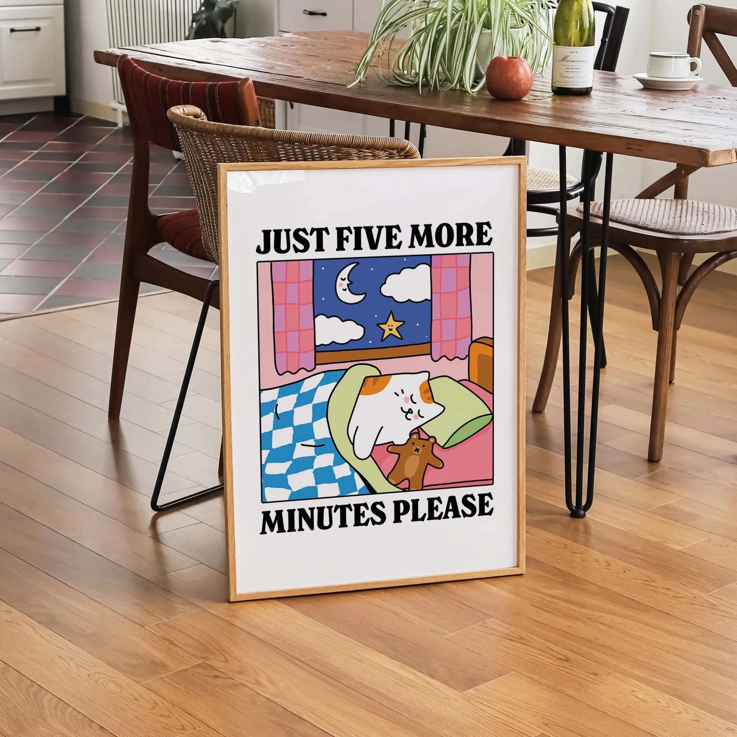 Cartoon Cat "Just Five More Minutes" Canvas Wall Art Print