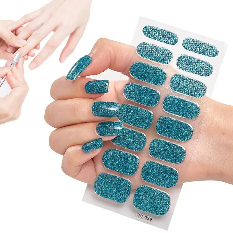 French Glitter Foil UV Gel Nail Wraps – 16-Tip Semi-Cured Strips