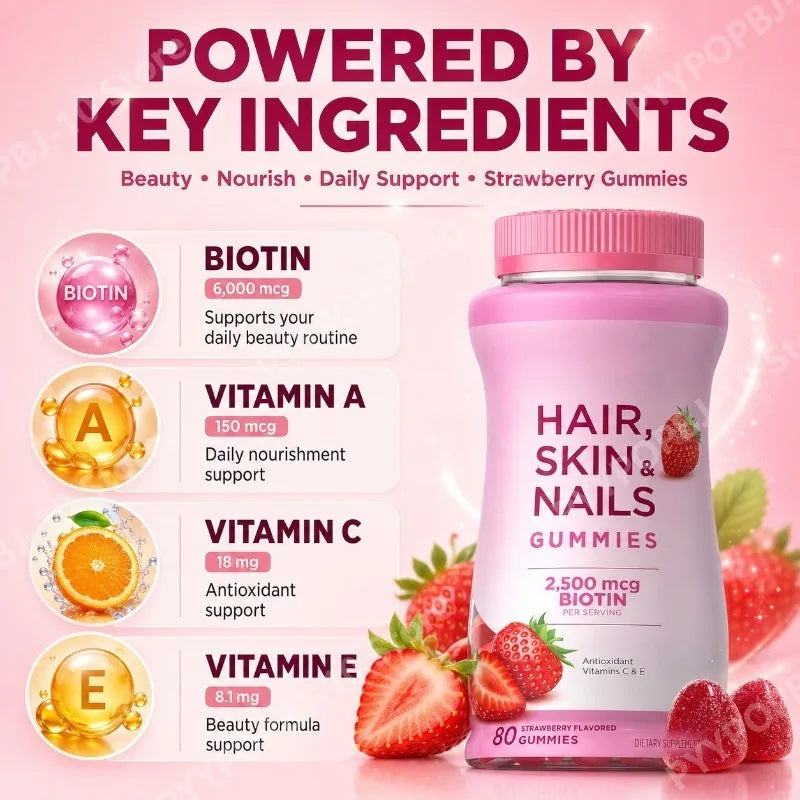 Hair Skin & Nails Gummies | Biotin 2500mcg Vitamins A C E – 80ct