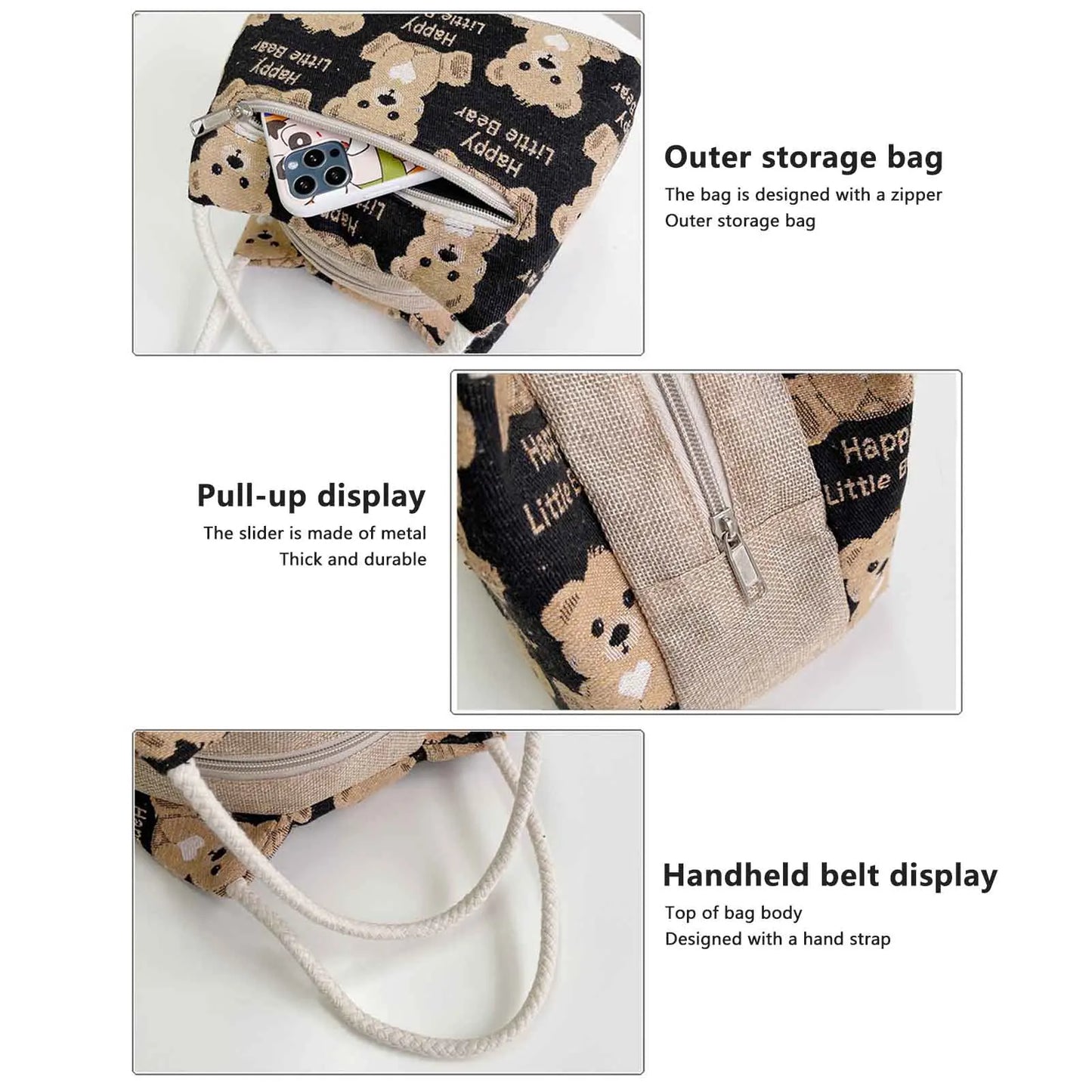 Cute Bear Pattern Lunch Tote Pouch Portable Large Capacity Storage Bag for Outdoor Picnic Hiking Camping Peaceful Pleasures Health and Wellness