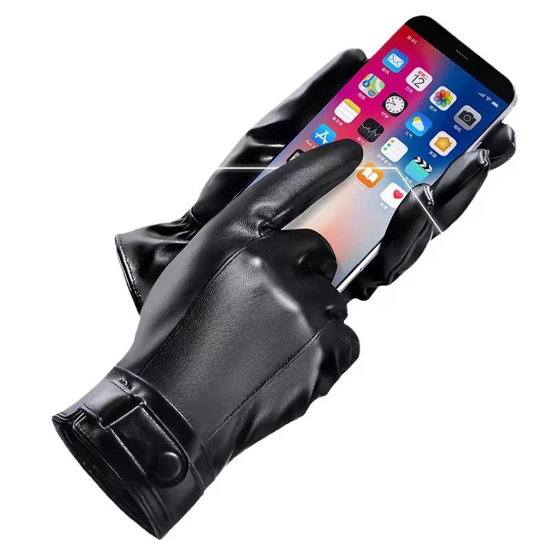 Autumn and Winter Black Gloves Men's One Pair PU Leather With Velvet Lining Gloves Waterproof for Motorcycle Riding Peaceful Pleasures Health and Wellness