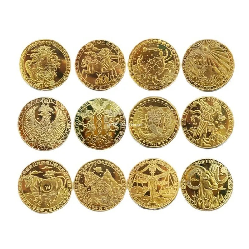 European 12 Zodiac Signs Commemorative Coin Tarot 4cm Iron Medallion Lucky Coin Wishing Coins Tooth Fairy Commemorative Coin Peaceful Pleasures Health and Wellness