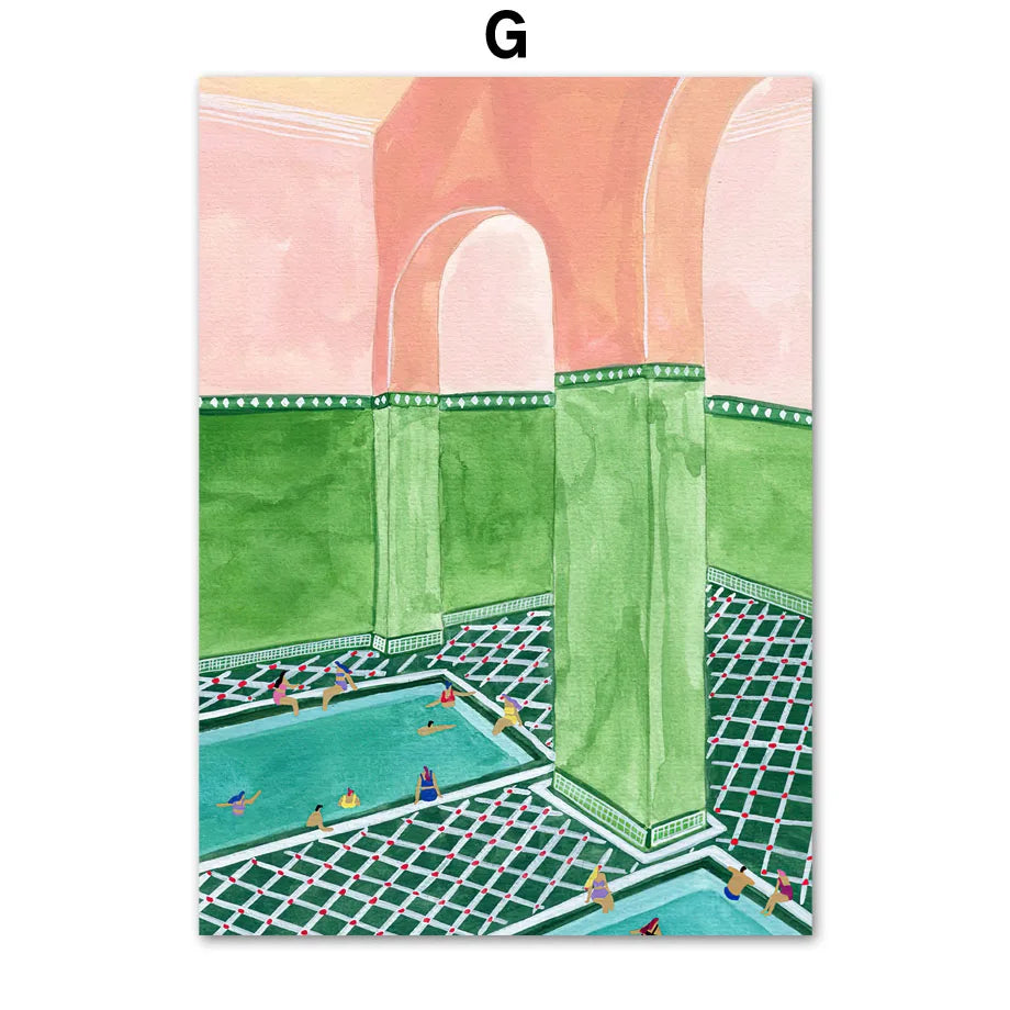 Boho Moroccan Pool Wall Art Colorful Tropical Resort Landscape Prints Vibrant Summer Vacation Canvas Posters Modern Home Deco Peaceful Pleasures Health and Wellness G 40x60cm Unframed